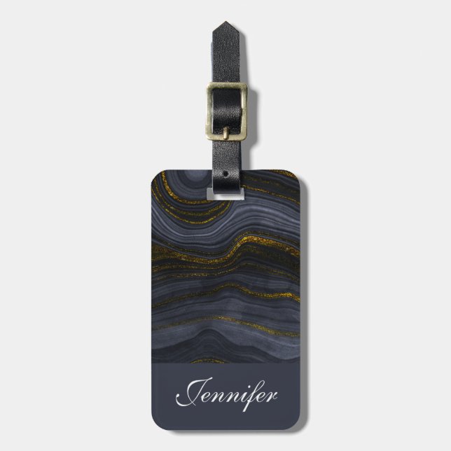 Modern Black & Gold Agate Stone Abstract Luggage Tag (Front Vertical)