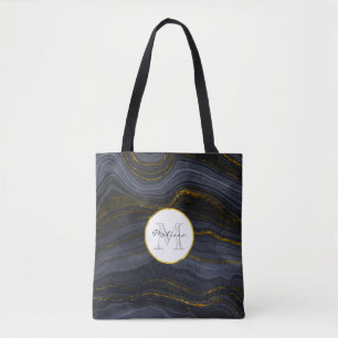 Modern Black & Gold Agate Stone Abstract Monogram Tote Bag