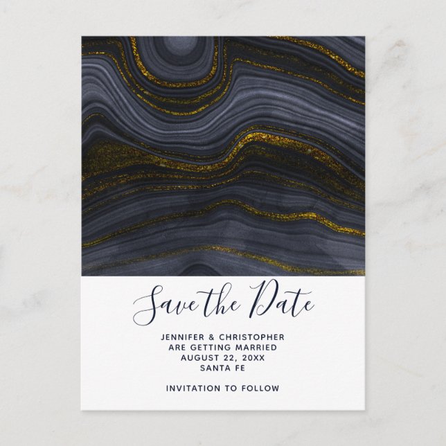 Modern Black & Gold Agate Stone Save the Date Postcard (Front)