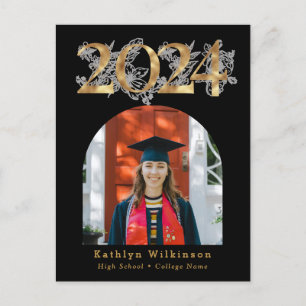Modern Black Gold Arch Photo GRAD Invitation Postcard