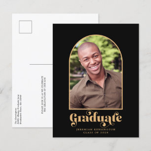 Modern Black Gold Arch Photo Graduation Announcement Postcard
