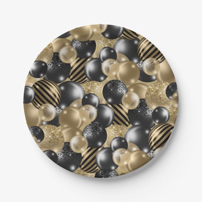 Modern Black Gold Balloon 50th Birthday Paper Plate (Front)