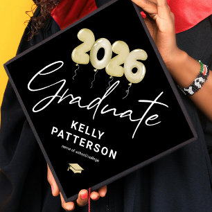 Modern Black Gold Balloons 2025 Graduation Cap Topper