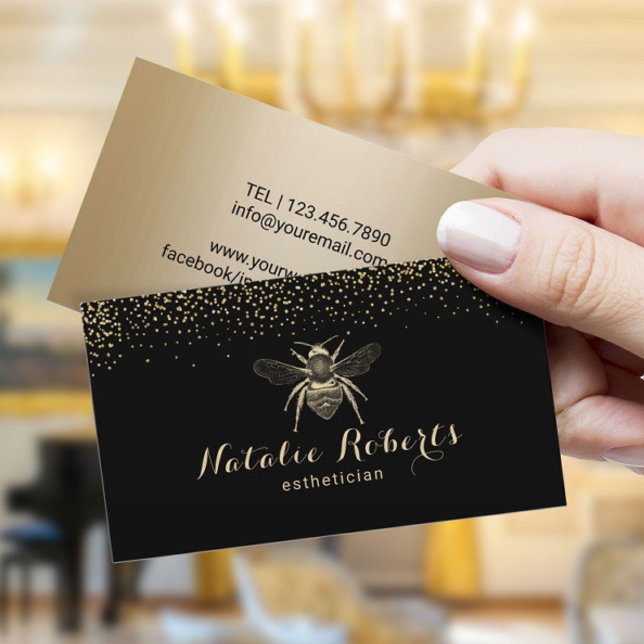Modern Black & Gold Beauty Salon Bee Logo Business Card (Creator Uploaded)