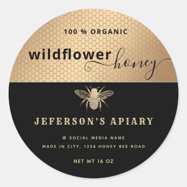 Modern black gold bee script Honey jar  Classic Ro Round Sticker (Front)