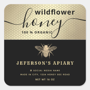Modern black gold bee script Honey jar  Classic Ro Square Sticker