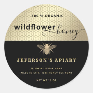 Modern black gold bee script Honey jar Classic Round Sticker