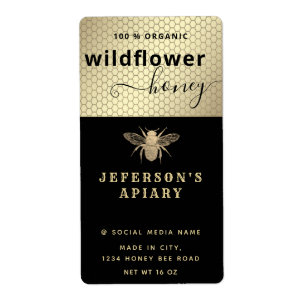 Modern black gold bee script Honey jar   Label