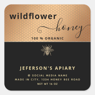Modern black gold bee script Honey jar Square Stic Square Sticker