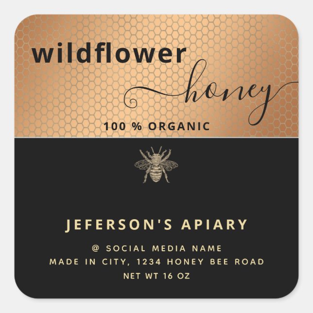 Modern black gold bee script Honey jar Square Stic Square Sticker (Front)