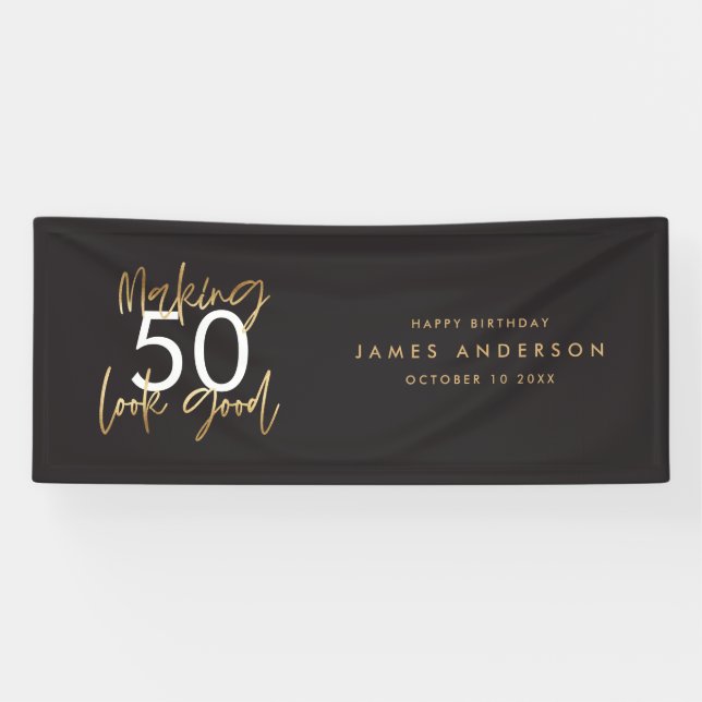 Modern black gold birthday simple elegant script banner (Horizontal)