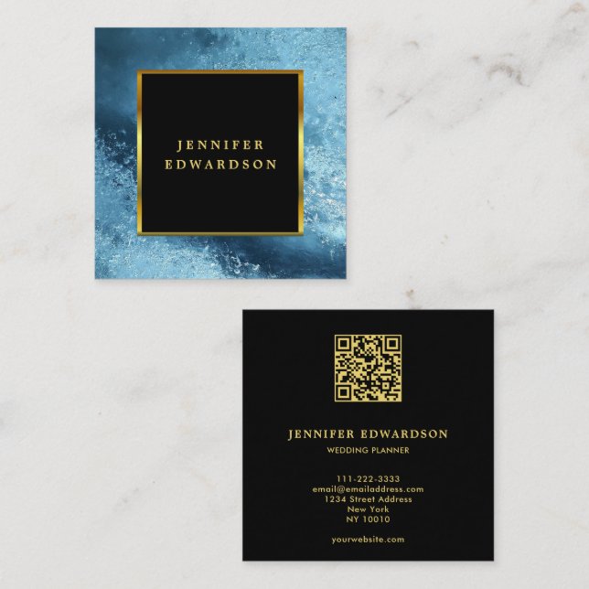 Modern black gold blue ice QR code professional Square Business Card (Front/Back)