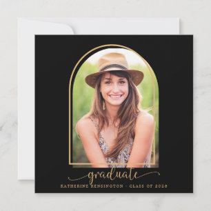 Modern Black Gold Boho Arch Photo Graduation Invitation