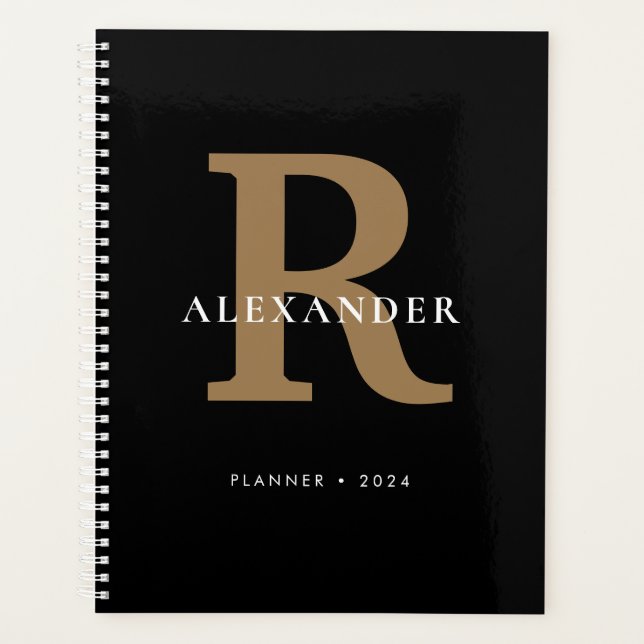 Modern Black Gold Bold Monogram Typography Simple Planner (Front)
