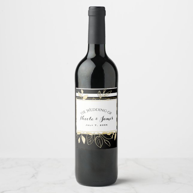 Modern Black Gold Botanical Glamour Chic Wine Wine Label (Front)
