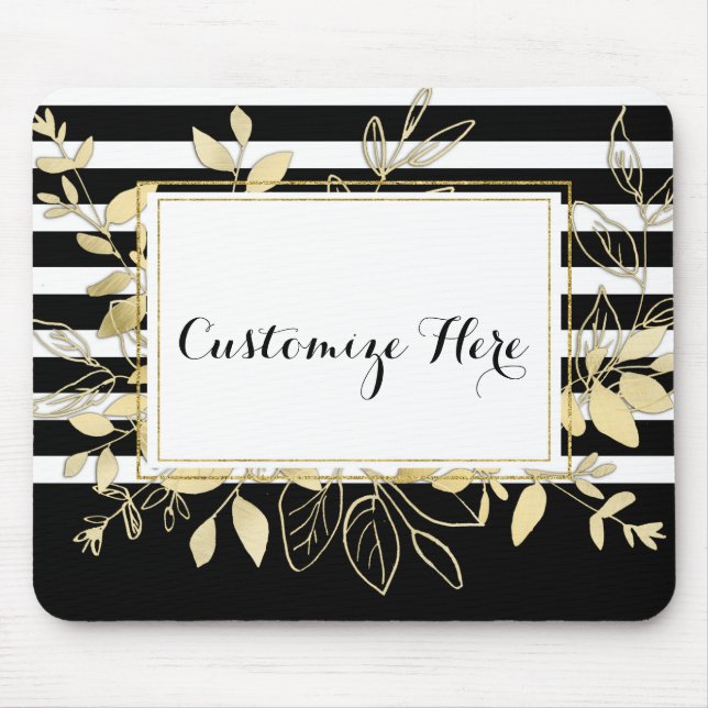 Modern Black Gold Botanical Leaves Glamour Chic Mouse Pad (Front)