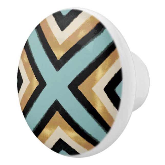 Modern Black Gold Brushstrokes Mint Geometric Ceramic Knob (Right)