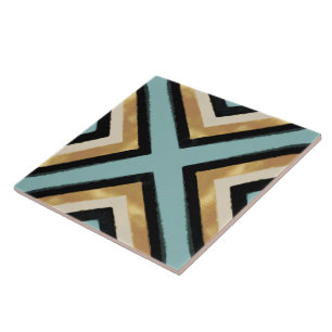 Modern Black Gold Brushstrokes Mint Geometric Tile