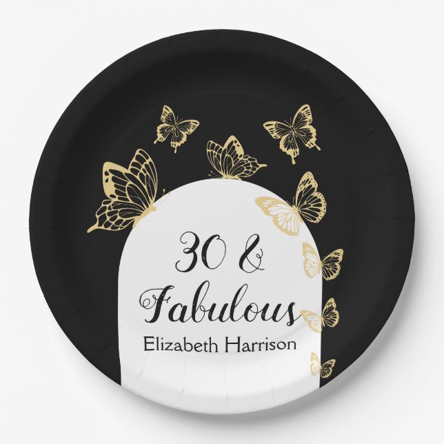 Modern Black Gold Butterflies Fabulous Birthday Paper Plate (Front)