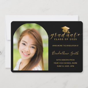 Modern Black Gold Cap Script Arch Photo Graduation Announcement
