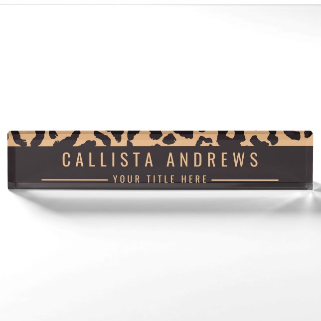 Modern Black Gold Cheetah Leopard Animal Print Nameplate (Front)