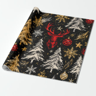 Modern Black Gold Christmas Forest Pattern Wrapping Paper