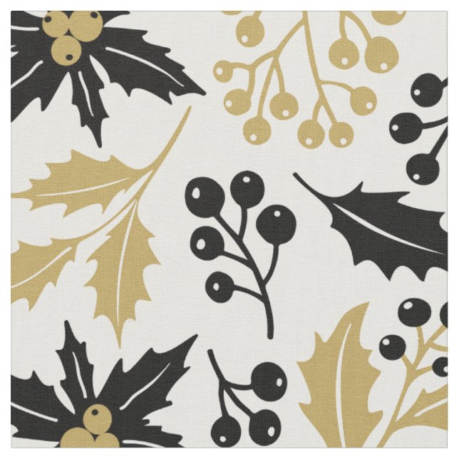 Modern Black Gold Christmas Holly Berries Pattern Fabric (Close Up)