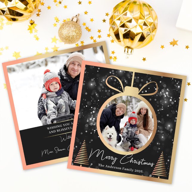 Modern Black Gold Christmas Ornament 2 Photo  Holiday Card (Creator Uploaded)