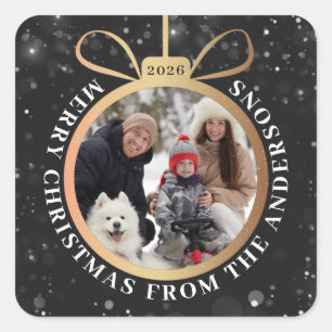 Modern Black Gold Christmas Ornament Holiday Photo Square Sticker