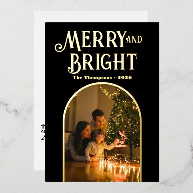 Modern Black & Gold Christmas Photo Foil Holiday Card (Front/Back)