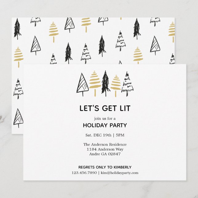 Modern Black & Gold Christmas Tree Pattern Invitation (Front/Back)