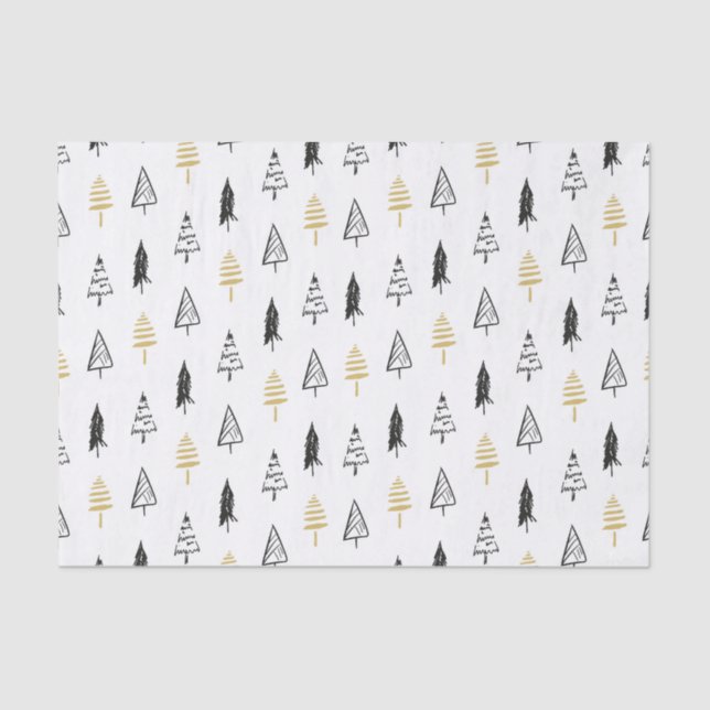 Modern Black & Gold Christmas Tree Pattern Tissue Paper (Front)