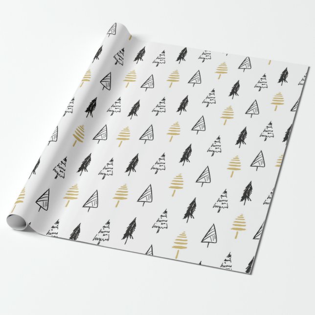 Modern Black & Gold Christmas Tree Pattern Wrapping Paper (Unrolled)