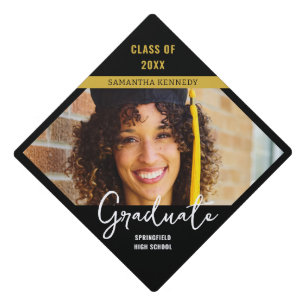 Modern Black & Gold Class of 2025 Grad Cap Photo 