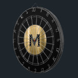 Modern Black Gold Classic Monogram Dartboard<br><div class="desc">Modern black dart board with a brushed metallic gold monogram medallion with classic block typography initial. Personalize with monogram initial; use customize menu to change background colour or typography.</div>
