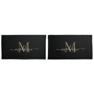 Modern Black Gold Classic Monogram Feminine Script Pillowcase