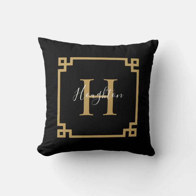 Modern Black Gold Classic Monogram Throw Pillow (Front)