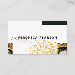 Modern Black & Gold Colour Block Leopard Print Business Card