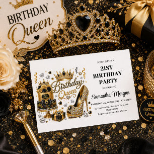 Modern Black Gold Confetti Birthday Queen Invitati Invitation