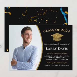 Modern Black & Gold Confetti Photo Graduation Invitation