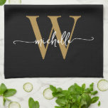 Modern Black Gold Custom Monogram Name Script Kitchen Towel<br><div class="desc">Girly Modern Elegant Black and Gold Monogram Initial Name Signature Script Custom Personalized Kitchen Towel. This design featuring your first name in a pretty hand lettered style swash tail font typography (or calligraphy) with monogram initial in gold and white on black. These are easy to customize it. Great stylish feminine...</div>
