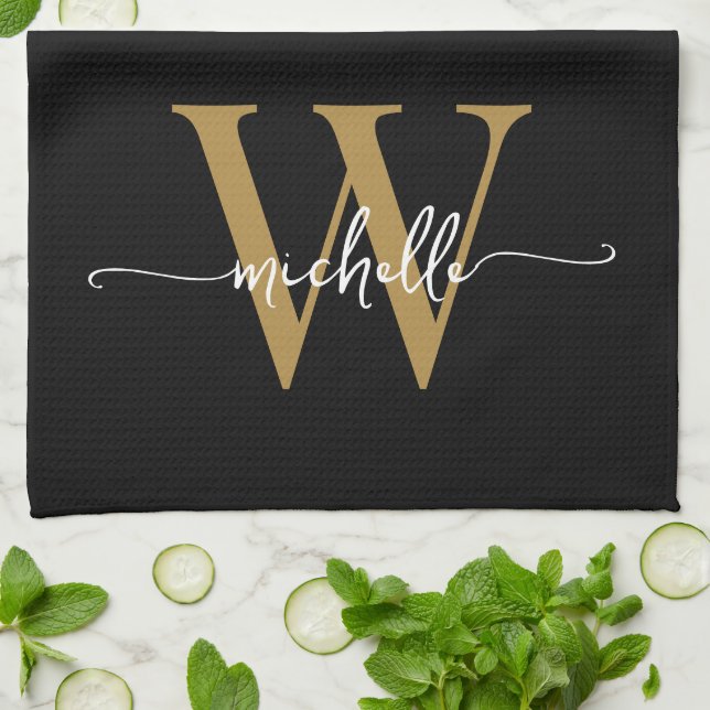 Modern Black Gold Custom Monogram Name Script Kitchen Towel (Folded)
