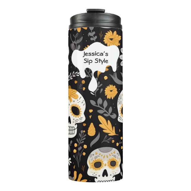 Modern Black Gold Customize Halloween Gift Skull  Thermal Tumbler (Front)