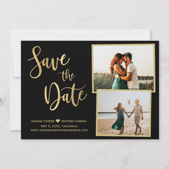 Modern Black Gold Elegant Calligraphy Photo Save The Date (Front)