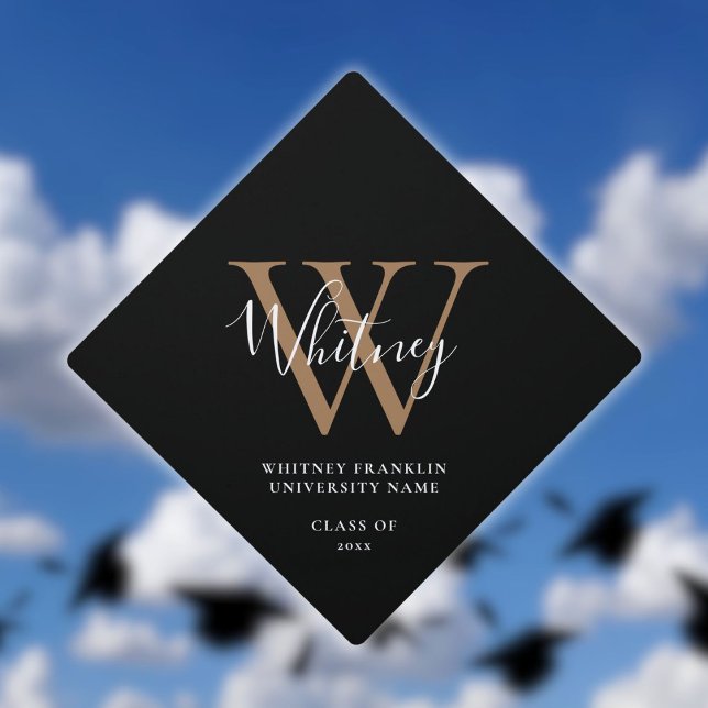 Modern Black Gold Elegant Script Monogram  Graduation Cap Topper (Modern Black Gold Elegant Script Monogram Graduation Cap Topper)