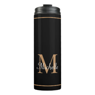 Modern Black Gold Elegant Script Monogram Thermal Tumbler
