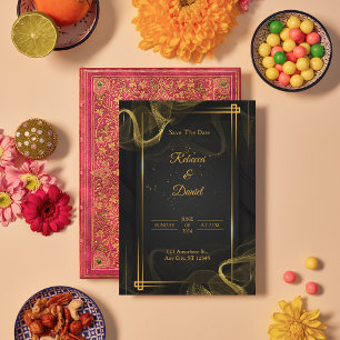 Modern Black & Gold Elegant Wedding Save The Date Thank You Card