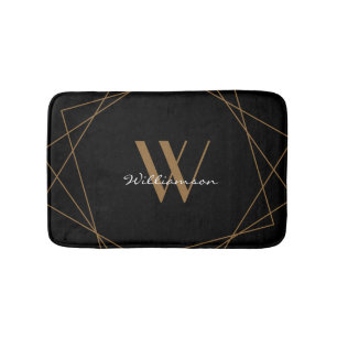Modern Black Gold Elegant White Monogram Script Bath Mat