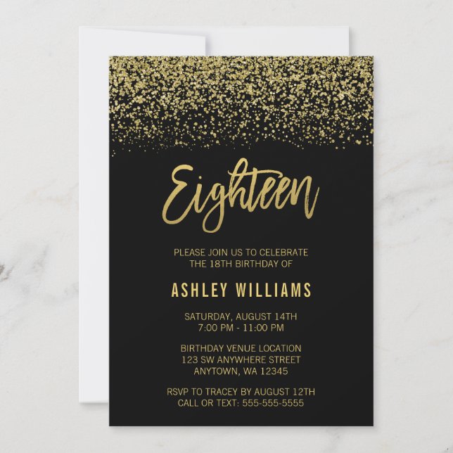 Modern Black Gold Faux Glitter 18th Birthday Invitation (Front)