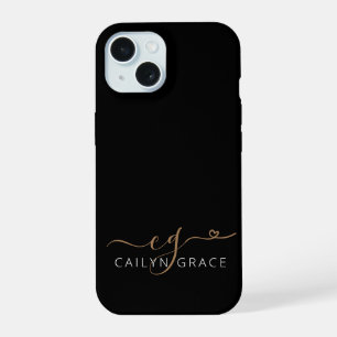 Modern Black Gold Feminine Script Heart Monogram iPhone 15 Case